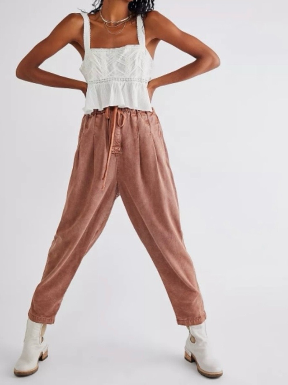 Free People Women's Corduroy Pants Margate Peperbag Waist Pleated Brown XS